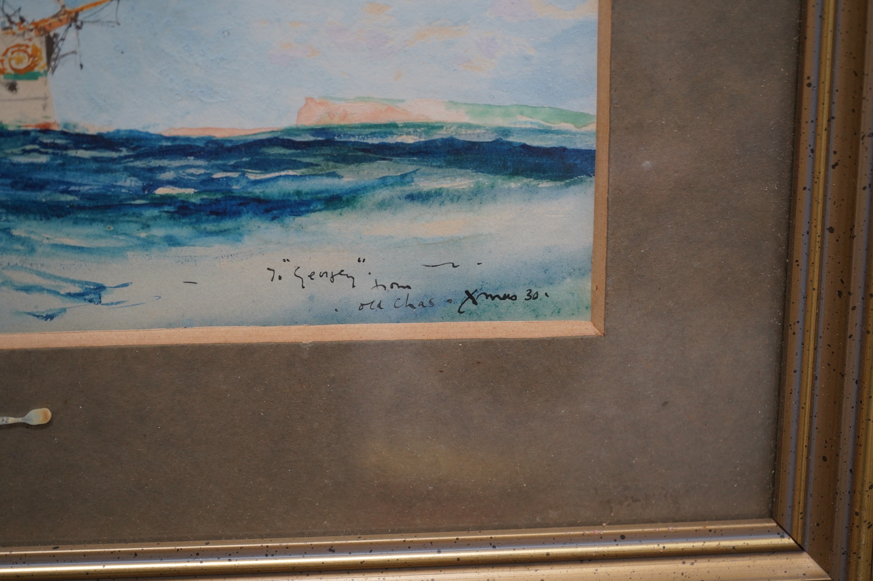 Charles Dixon (1872-1934), Maritime watercolour and ink, 'Bound Somewhere's East of Suez, HMIT Serapis', signed and inscribed 'To Gengey from old Chas Xmas 30', 12.5 x 29cm. Condition - fair